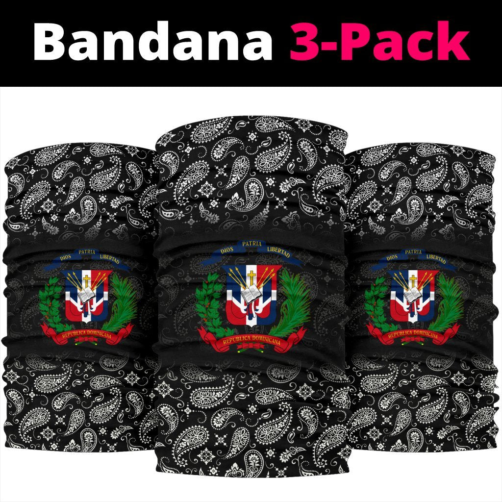 Dominican Republic bandana 3-pack: three black paisley gaiters with crest