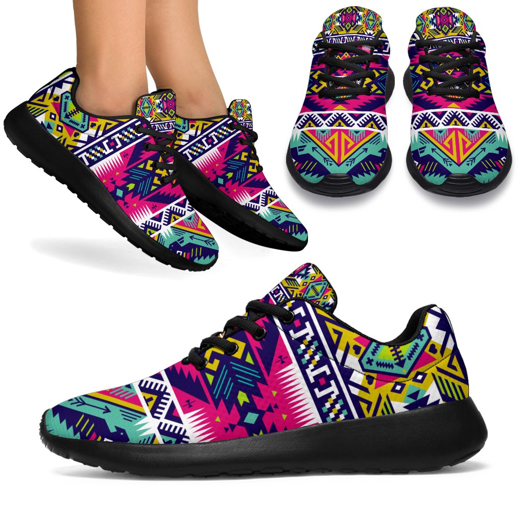 Multicolor tribal patterned sport sneakers with black laces and black rubber sole
