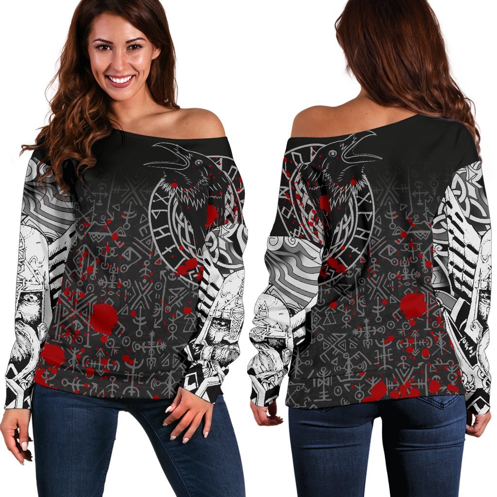 Viking Women's Off Shoulder Sweater - Odin Raven Rune Futhark Blood RLT12 - Wonder Print Shop