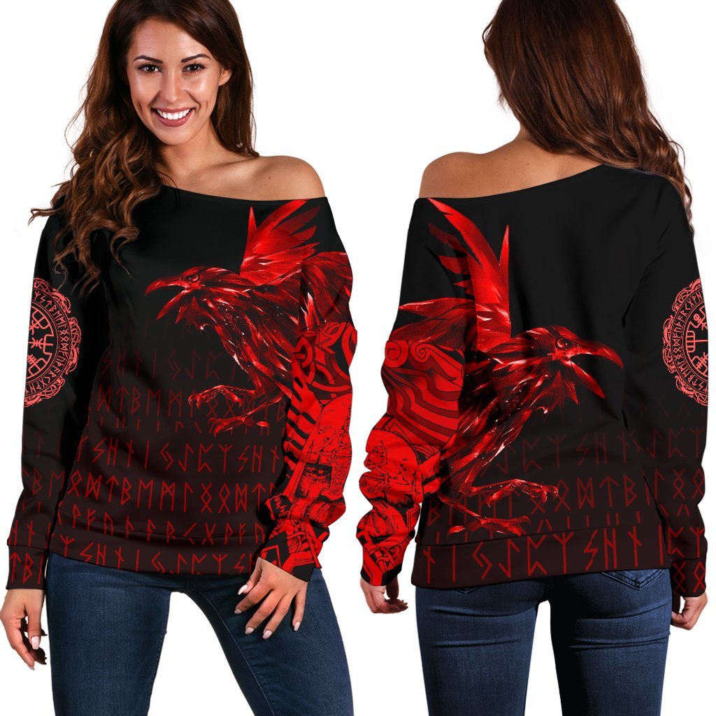 Viking Women's Off Shoulder Sweater - The Raven Of Odin Rune, Red RLT12 - Wonder Print Shop