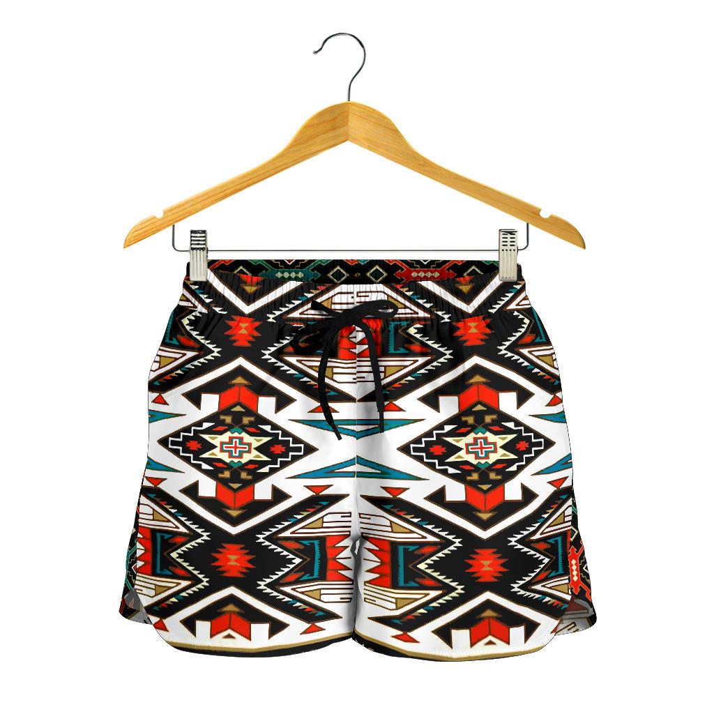 Women’s tribal all-over print shorts, multicolor geometric pattern, drawstring waist