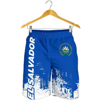 Men’s blue El Salvador swim shorts with white smudge print and elastic waistband