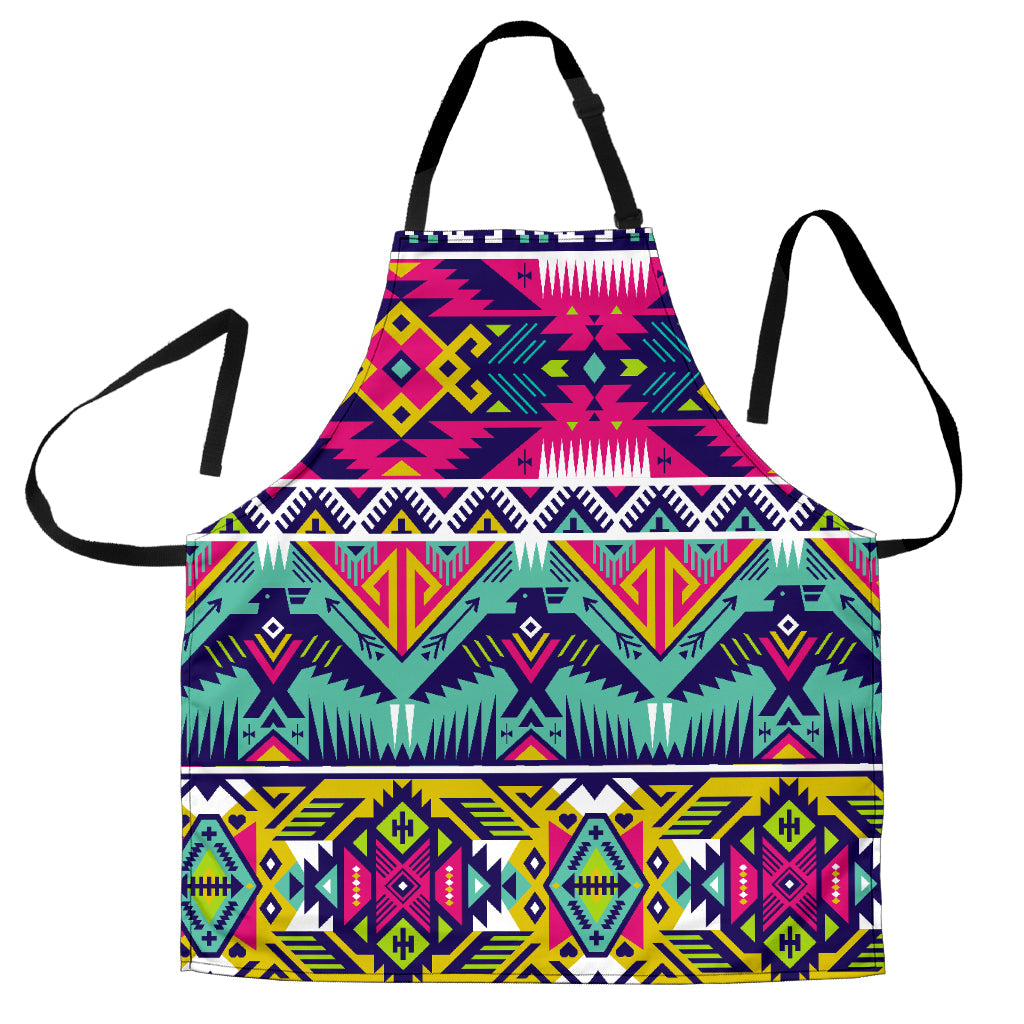 Colorful geometric Native-style apron with black neck and waist ties, multicolor print