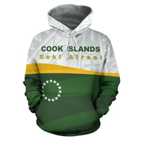 Green pullover hoodie, Cook Islands lettering, yellow stripe and star-circle emblem