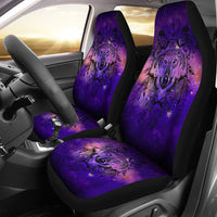 Galaxy wolf car seat covers, purple multicolor print on front seats with black edges