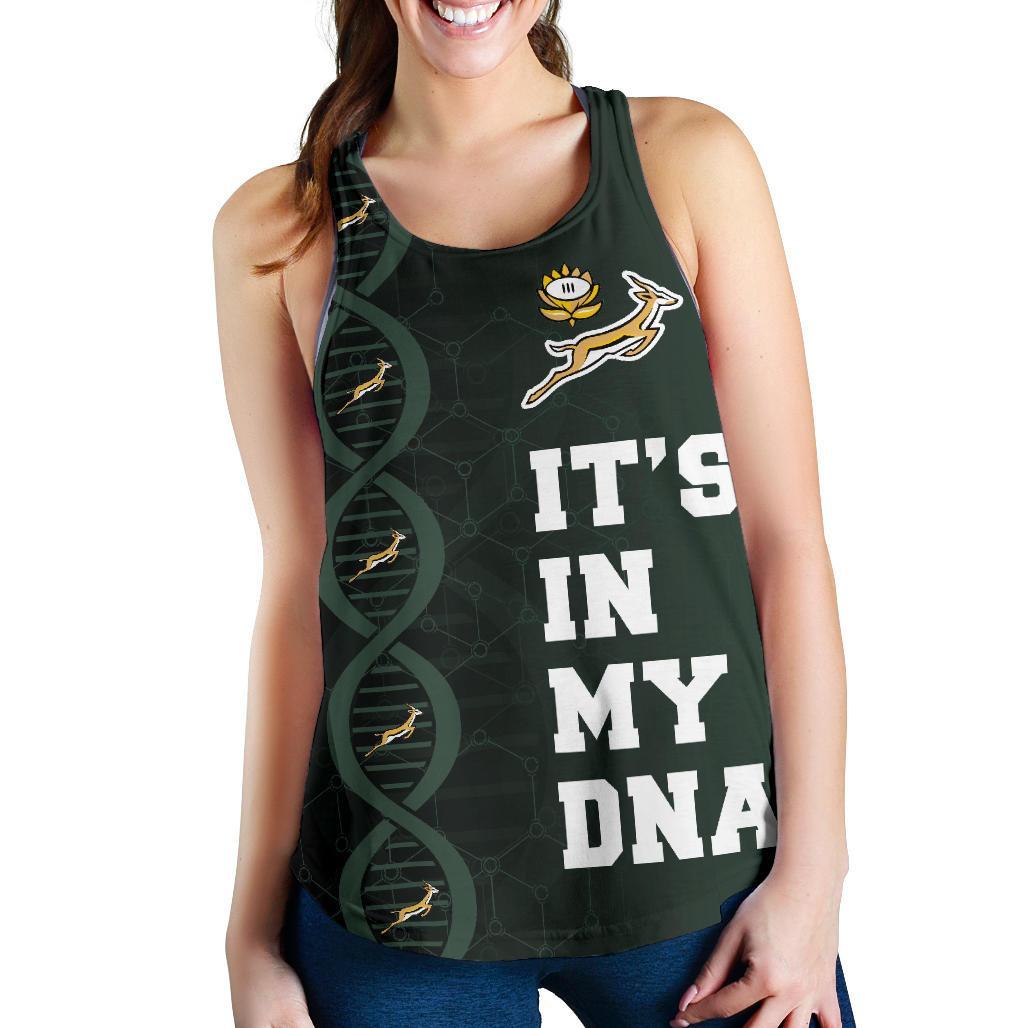 Women’s dark green racerback tank with DNA stripes, rugby emblem, “IT’S IN MY DNA”