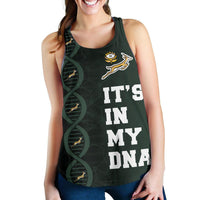 Women’s dark green racerback tank with DNA stripes, rugby emblem, “IT’S IN MY DNA”