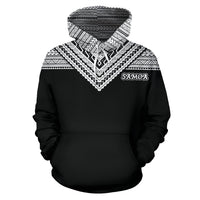 Black pullover hoodie back with bold Samoan geometric hood and chevron chest print