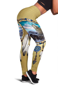 Wolf dreamcatcher leggings for women, tan base with blue sky and animal print