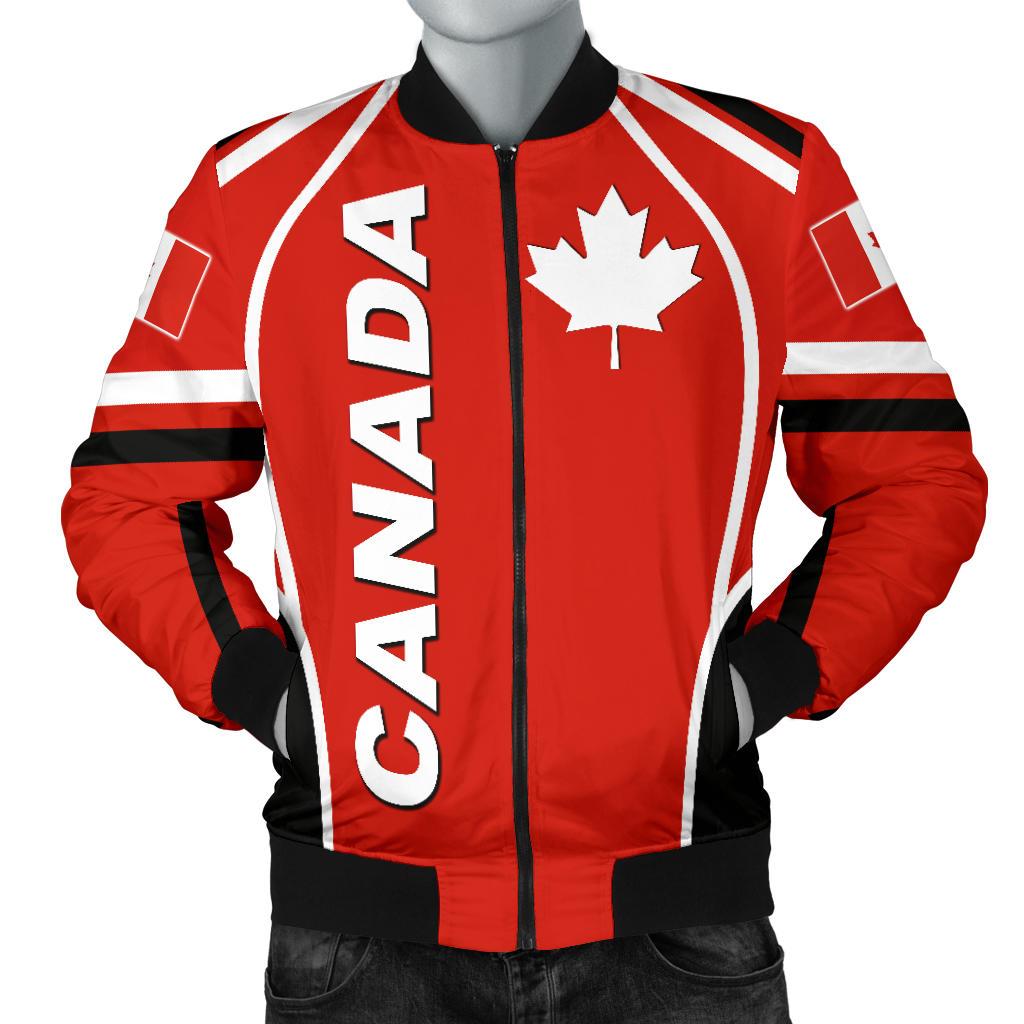 Canada men bomber jacket red with CANADA text, maple leaf and zip front