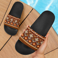 Slide sandals, multicolor bird print straps with black footbed