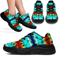 Native American patterned chunky sneakers, turquoise, black sole, lace-up side view
