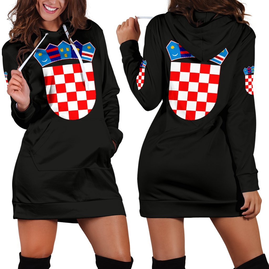Vestido sudadera con capucha negro y estampado escudo de Croacia, bolsillo canguro
