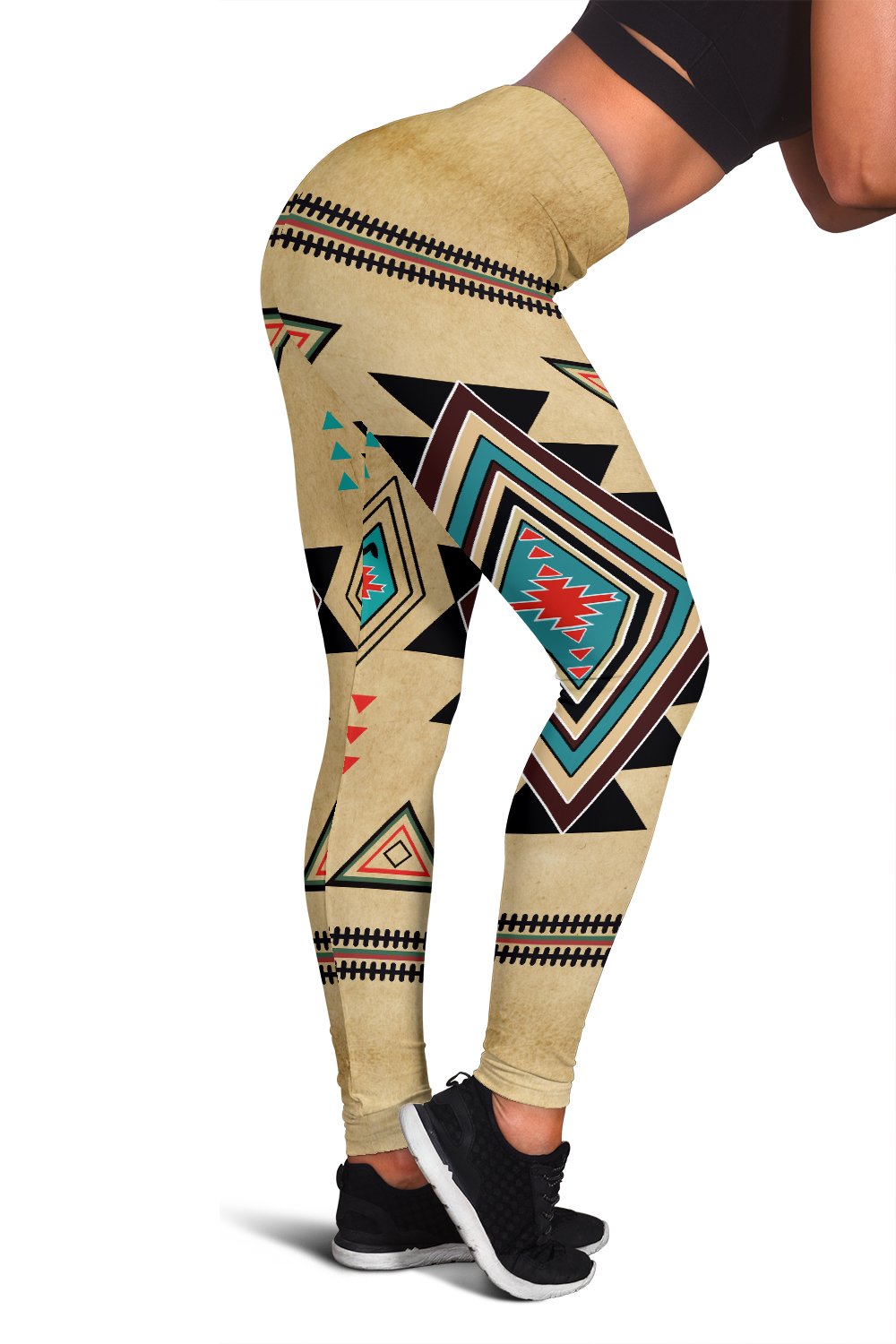 Tan leggings with Southwest diamond print and borders in black, turquoise, red