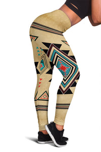 Tan leggings with Southwest diamond print and borders in black, turquoise, red