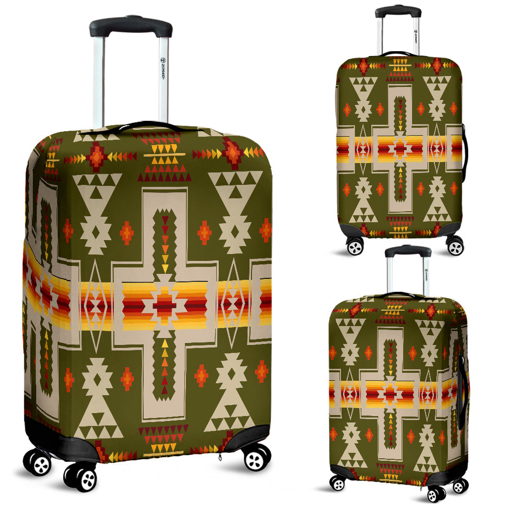 Green suitcase luggage cover with Native-style geometric pattern, fitted over rolling luggage