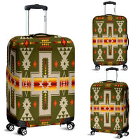 Green suitcase luggage cover with Native-style geometric pattern, fitted over rolling luggage