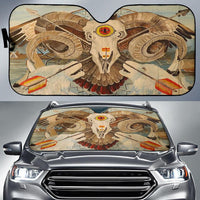 Native American owl and bison car sun shade, multicolor graphic with black edge trim