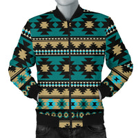 Men's bomber jacket with teal, black, and beige Aztec-style geometric print, zip-front