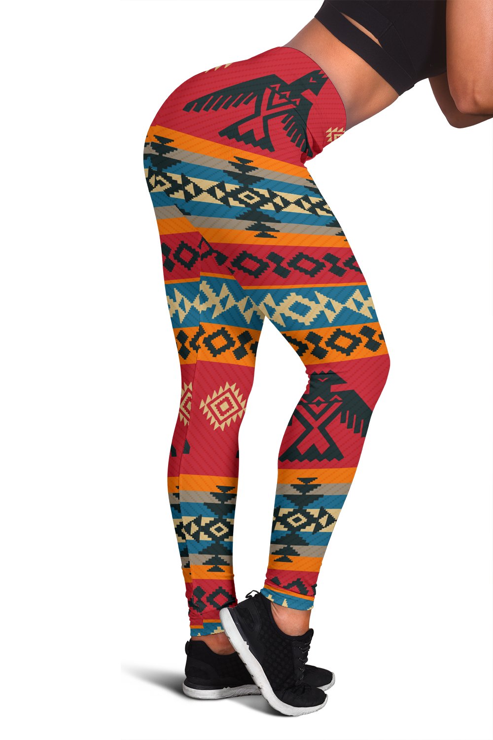 Women’s leggings with colorful Native-style geometric pattern, red-orange base