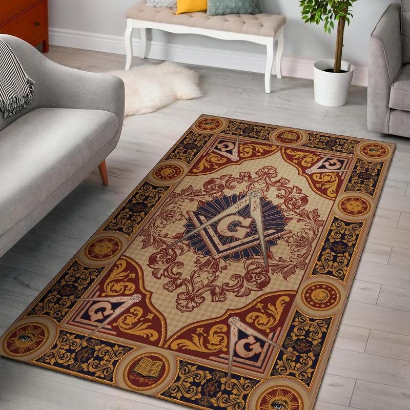 Brown area rug full view with ornate circular center and corner emblems, red gold navy