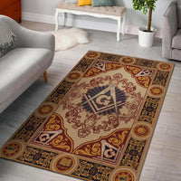 Brown area rug full view with ornate circular center and corner emblems, red gold navy