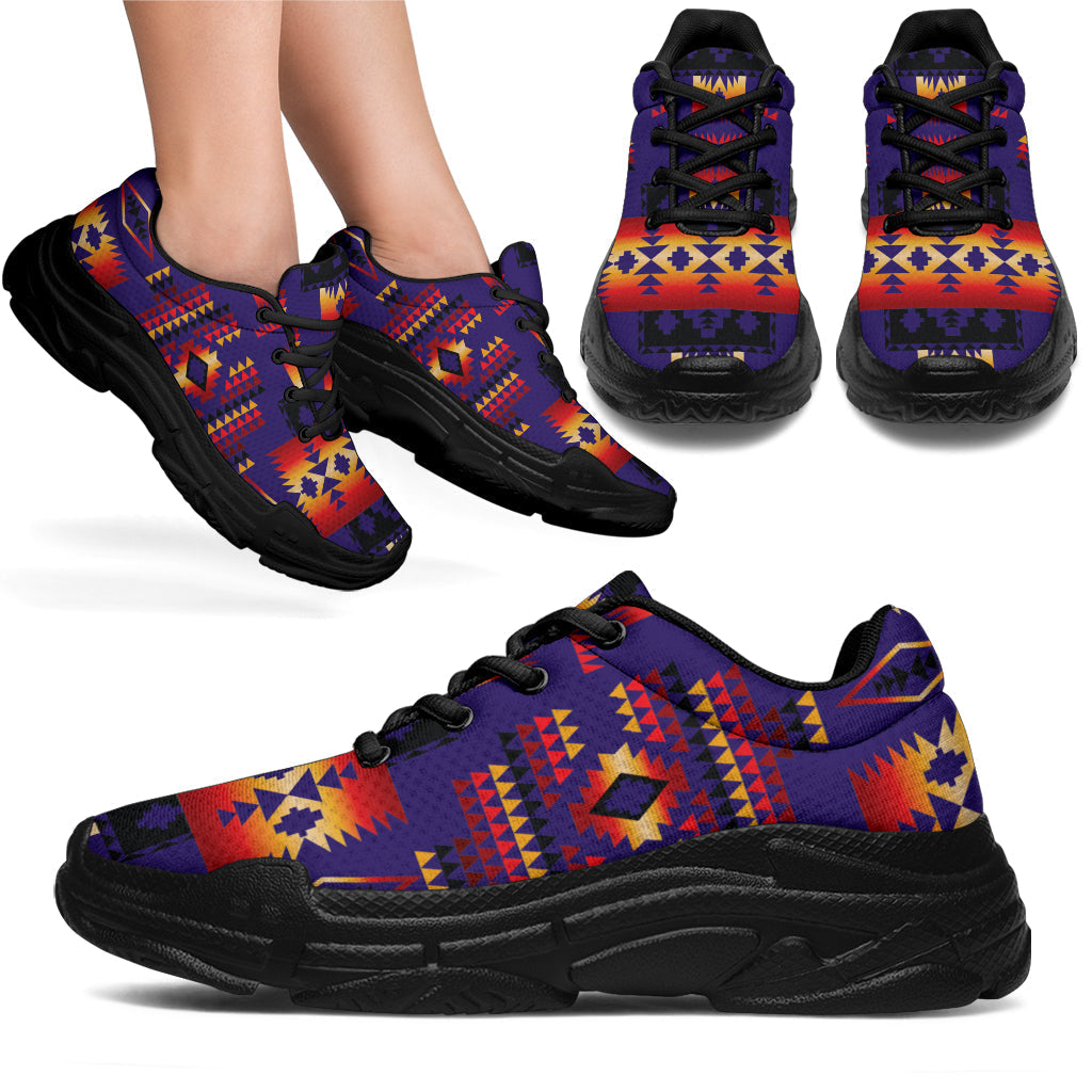 Purple and multicolor patterned chunky sneakers with black laces and black outsole