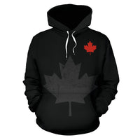 Black pullover hoodie with red maple leaf and gray leaf graphic on chest