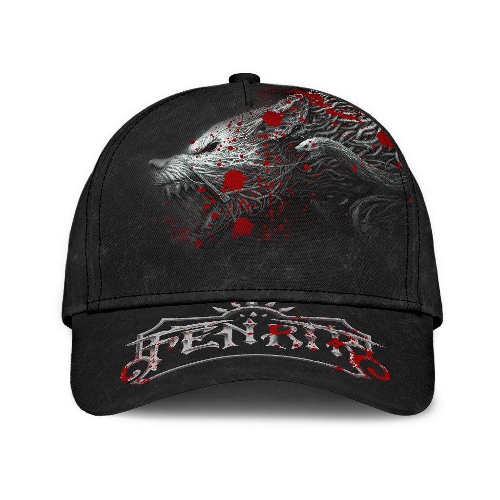 Black classic cap with red Fenrir graphic and splatter front