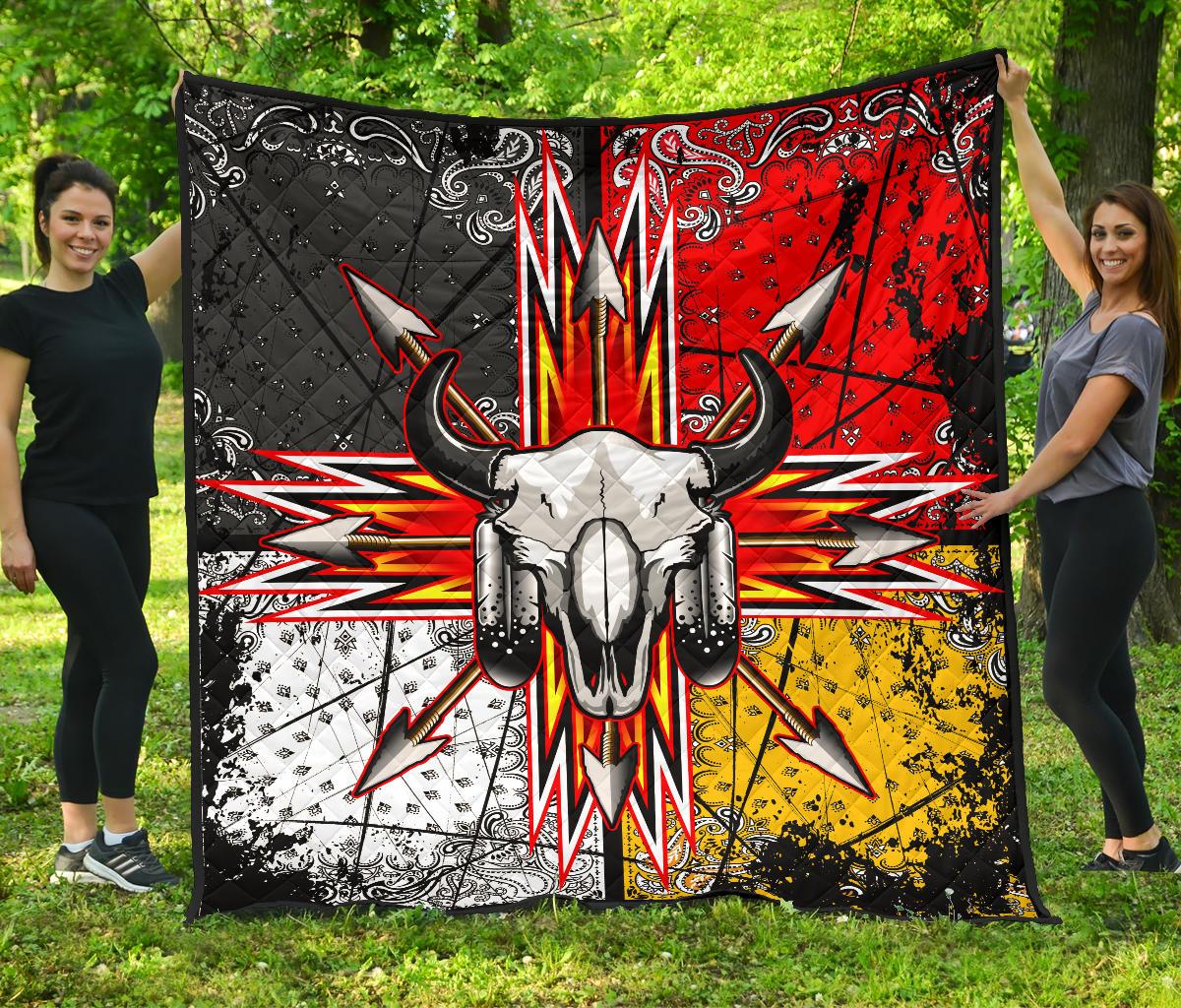 Bison Arrow Native American Premium Quilt: bison skull with horns, multicolor arrow burst