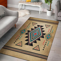 Southwest area rug, tan base with geometric star motifs and colorful accents