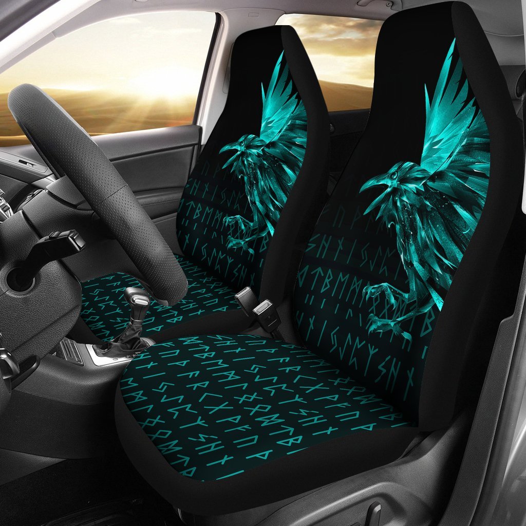 Viking Car Seat Covers The Raven Of Odin Rune Cyan RLT12 - Wonder Print Shop