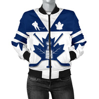 Blue and white Canada hockey themed bomber jacket with full zip and leaf graphic