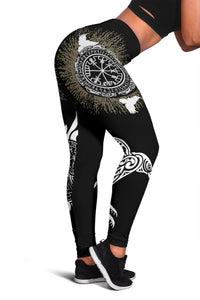 Black women’s leggings with circular compass rune print and white bird wing accents
