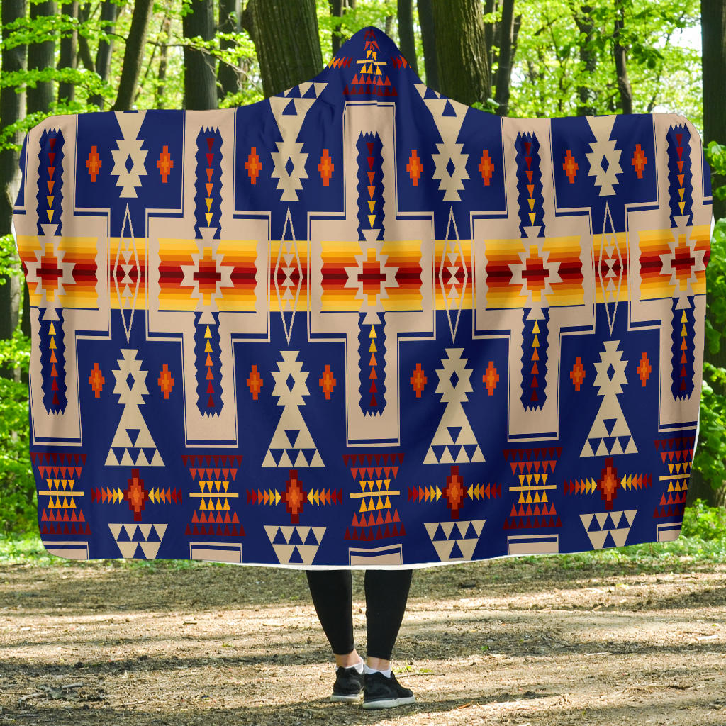 Navy hooded blanket with multicolor geometric native-inspired pattern, full coverage drape