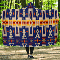 Navy hooded blanket with multicolor geometric native-inspired pattern, full coverage drape
