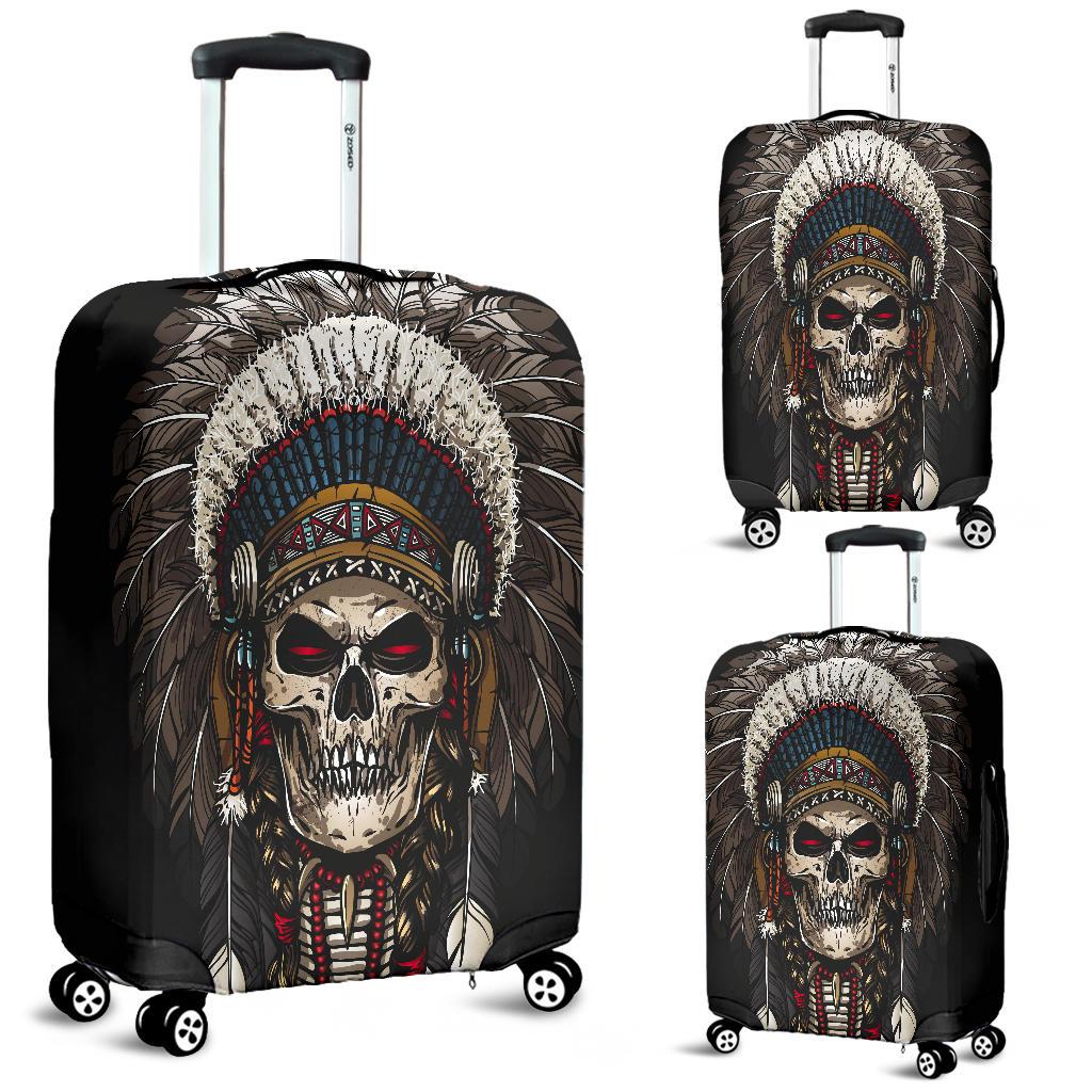 Native American skull chief luggage cover, feather headdress design on suitcase