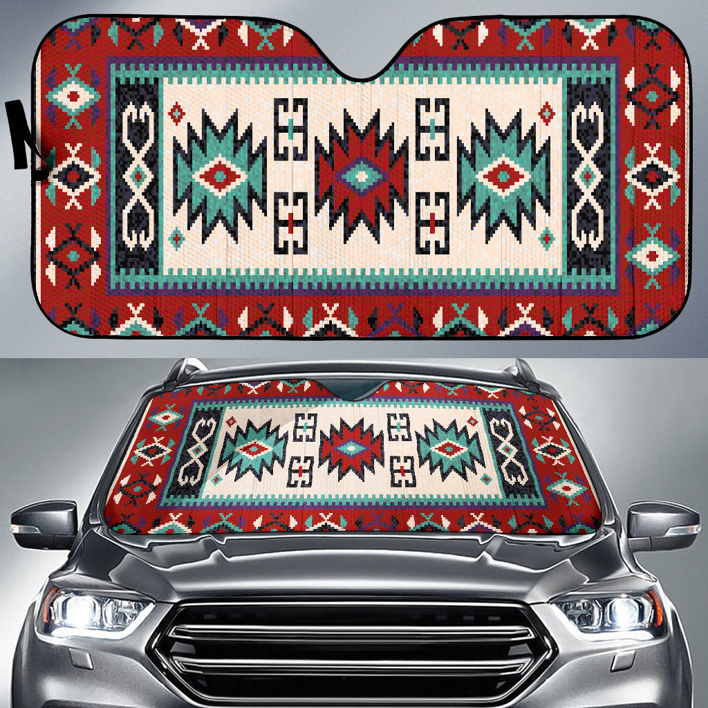 Red multicolor geometric auto sun shade with cream center panel and decorative border