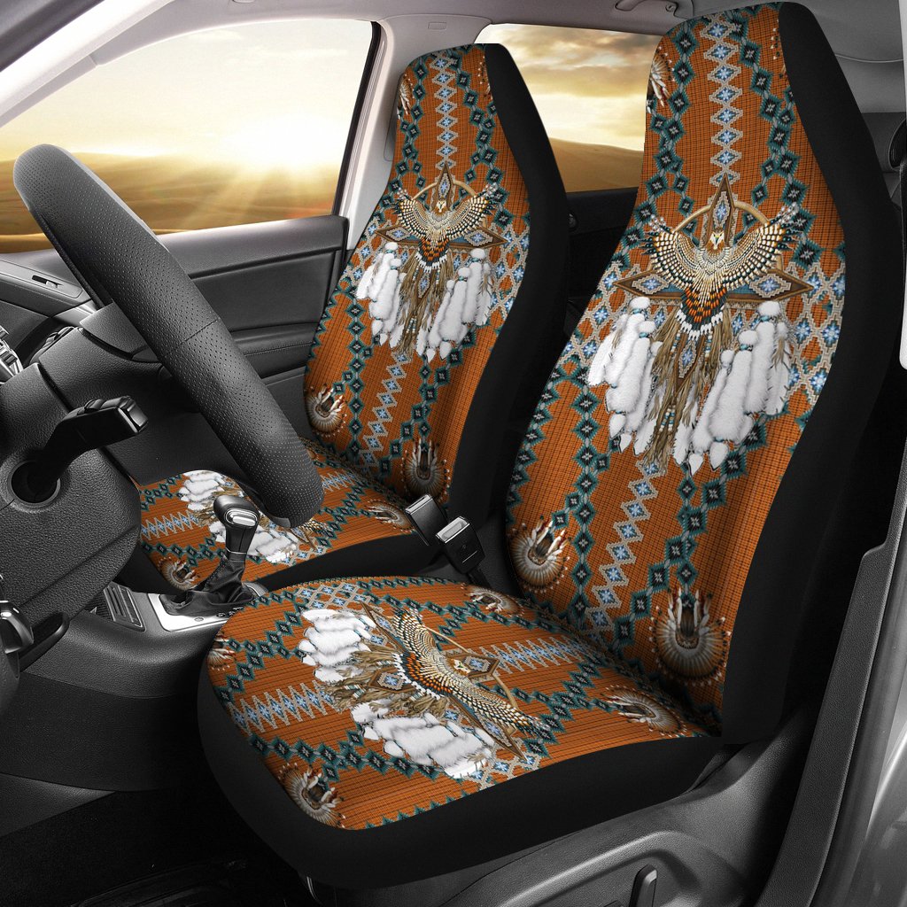Car seat covers with colorful Native-style owl medallion, white fringe, geometric trim