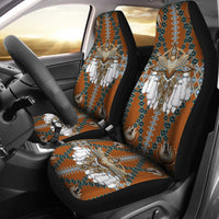 Car seat covers with colorful Native-style owl medallion, white fringe, geometric trim