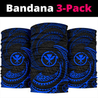 Bandana 3-pack: three blue tribal wave covers with black swirls and sun emblem