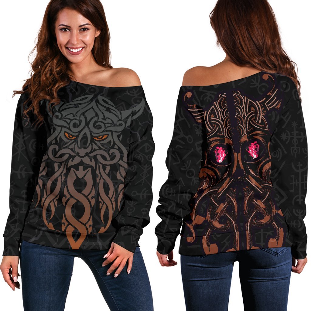 Viking Women's Off Shoulder Sweater, Odin God Furthark Tattoo Special RLT12 - Wonder Print Shop