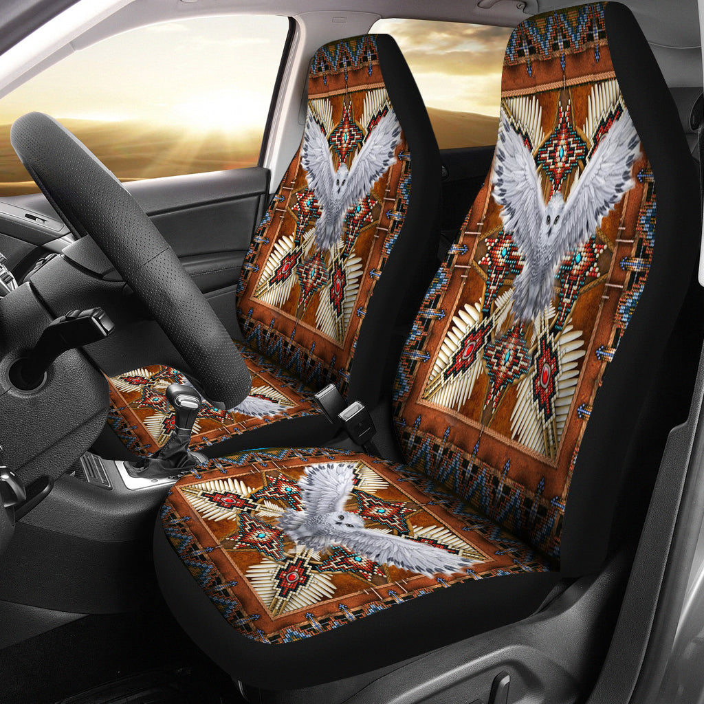 Owl mandala car seat cover: multicolor geometric print with white bird wings