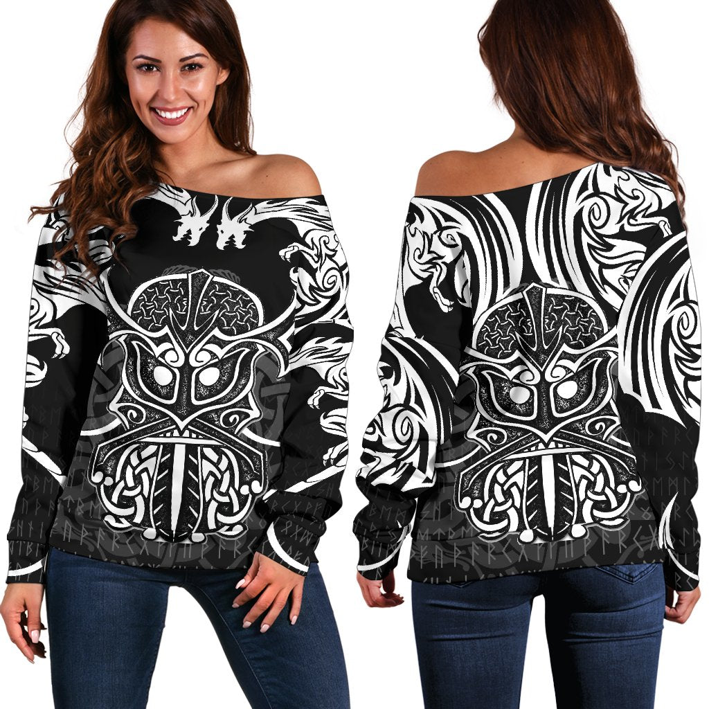 Viking Women's Off Shoulder Sweater - Njord and Dragon Tattoo RLT12 - Wonder Print Shop