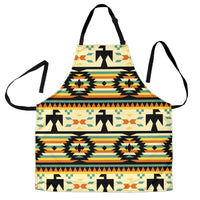 Native American apron with black ties, colorful geometric thunderbird print on yellow fabric