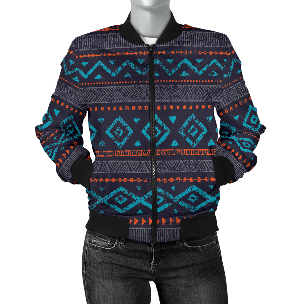 Women’s bomber jacket, full-zip; dark base with blue/orange geometric tribal pattern