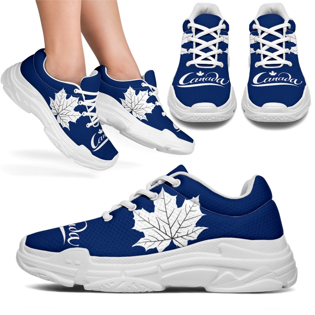 Blue and white maple leaf chunky sneakers with white laces, white sole