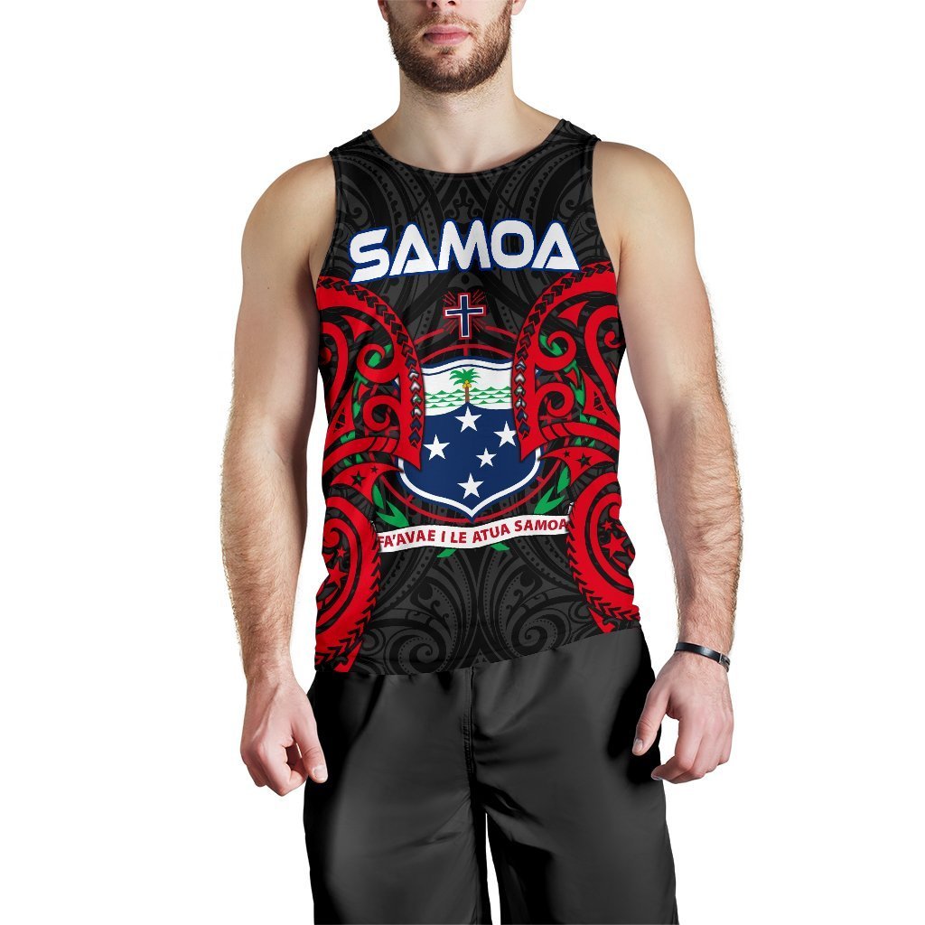 Black sleeveless tank with Samoa crest centered graphic, red and blue accents