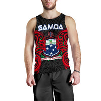 Black sleeveless tank with Samoa crest centered graphic, red and blue accents