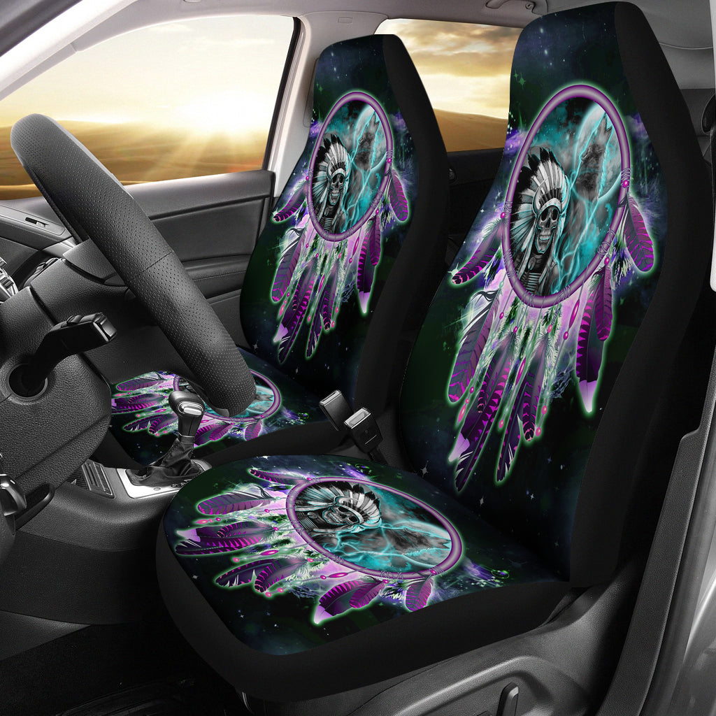 Car seat covers set with black dreamcatcher skull design, teal and purple accents